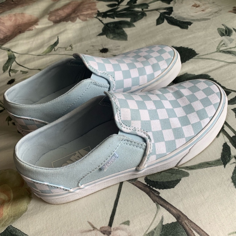VANS white and blue checkered slip on